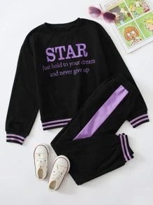 SHEIN Girls Slogan and Striped Drop Shoulder Pullover and Joggers Set - Black - View 1