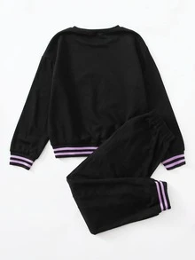 SHEIN Girls Slogan and Striped Drop Shoulder Pullover and Joggers Set - Black - View 2
