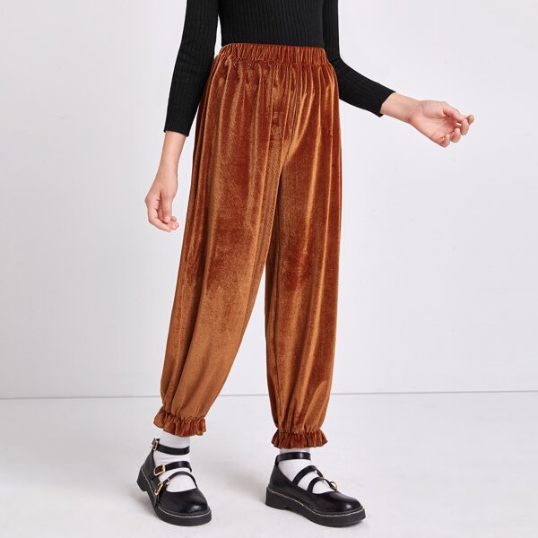 

Girls Elastic Waist Ruffle Hem Velvet Pants, Brown