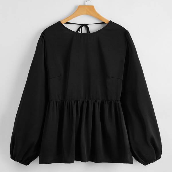 

Plus V-back Knot Ruffle Hem Babydoll Blouse, Black