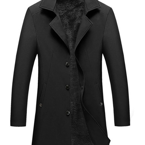 

Men Solid Flannel Lined Single Breasted Coat, Black