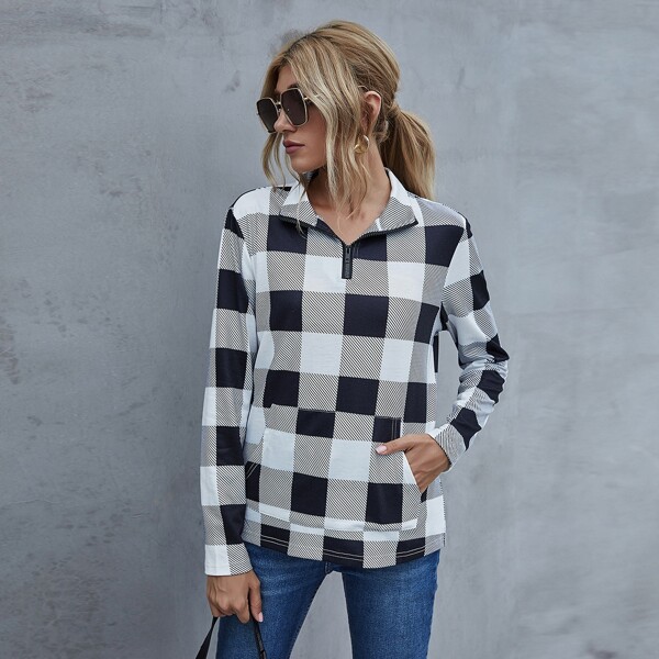 

Gingham Print Kangaroo Pocket Quarter Zip Tee, Multicolor