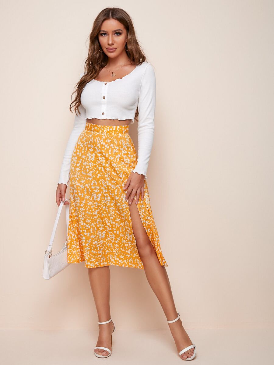 SHEIN Frenchy Ditsy Floral Slit Skirt - Mustard Yellow - View 1