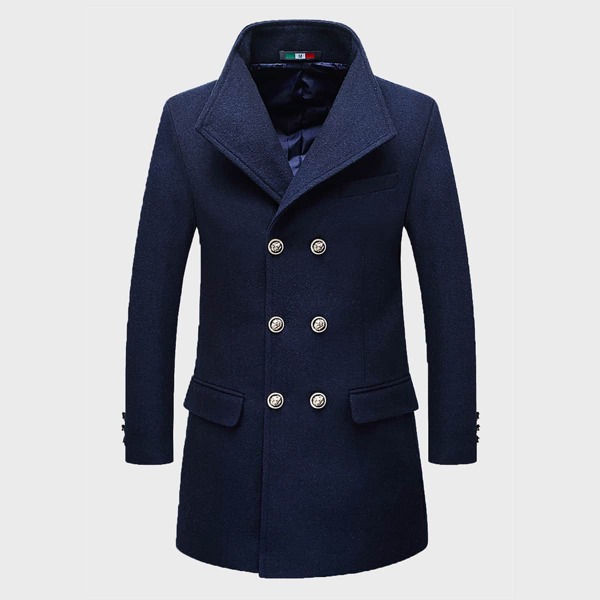 

Men Funnel Neck Flap Pocket Pea Coat, Navy blue