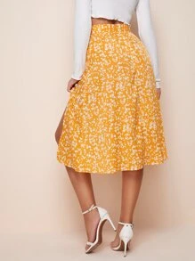 SHEIN Frenchy Ditsy Floral Slit Skirt - Mustard Yellow - View 2