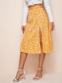 SHEIN Frenchy Ditsy Floral Slit Skirt - Mustard Yellow - View 3