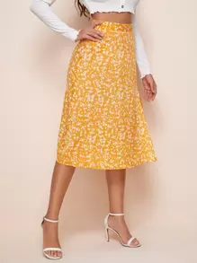 SHEIN Frenchy Ditsy Floral Slit Skirt - Mustard Yellow - View 4