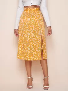SHEIN Frenchy Ditsy Floral Slit Skirt - Mustard Yellow - View 5