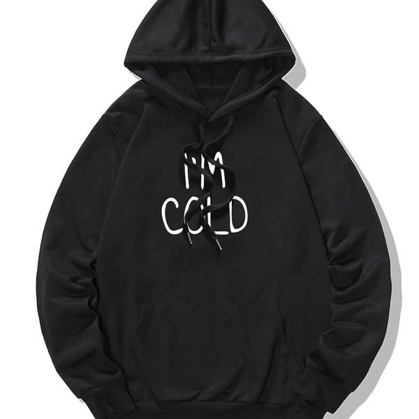 

Men Slogan Graphic Kangaroo Pocket Drawstring Hoodie, Black