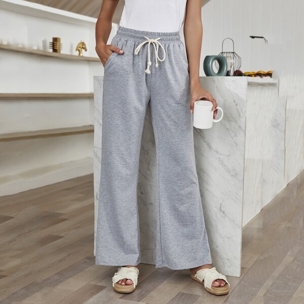 

Drawstring Waist Slant Pocket Wide Leg Sweatpants, Light grey