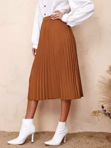 SHEIN Clasi Solid Pleated Skirt - Brown - View 1
