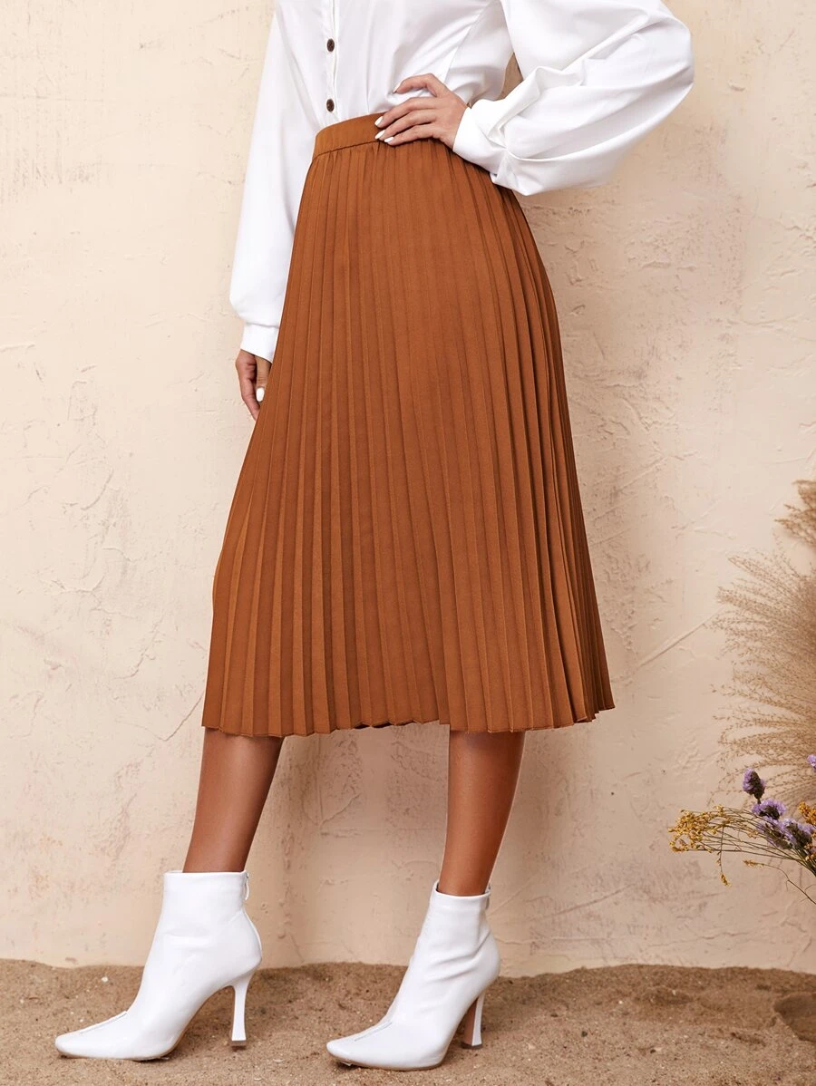 SHEIN Clasi Solid Pleated Skirt - Brown - View 1