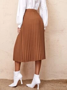 SHEIN Clasi Solid Pleated Skirt - Brown - View 2