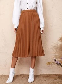 SHEIN Clasi Solid Pleated Skirt - Brown - View 4