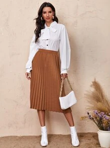 SHEIN Clasi Solid Pleated Skirt - Brown - View 5