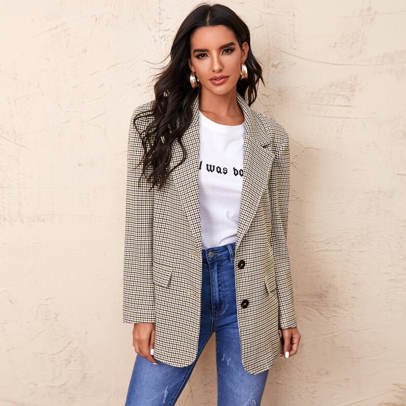 

Notch Collar Flap Detail Plaid Blazer, Multicolor