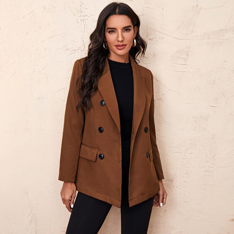 

Peak Collar Flap Detail Double Button Blazer, Coffee brown