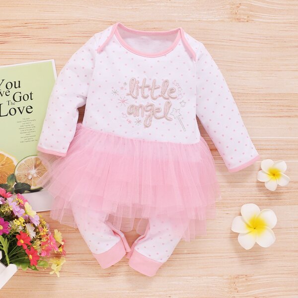 

Baby Girl Letter Embroidery Layered Mesh Jumpsuit, Multicolor