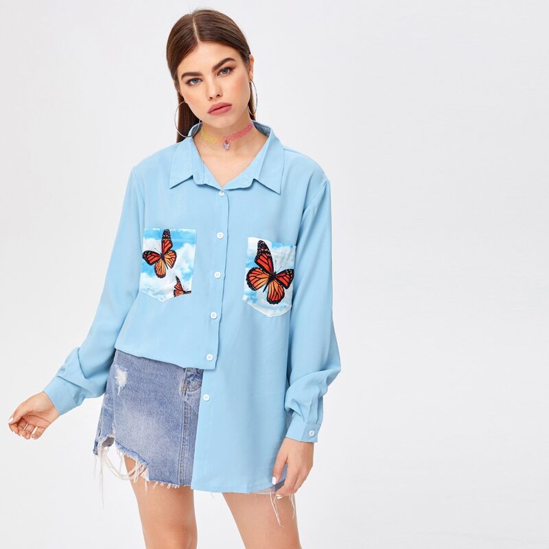 

Butterfly Print Pocket Front Shirt, Baby blue