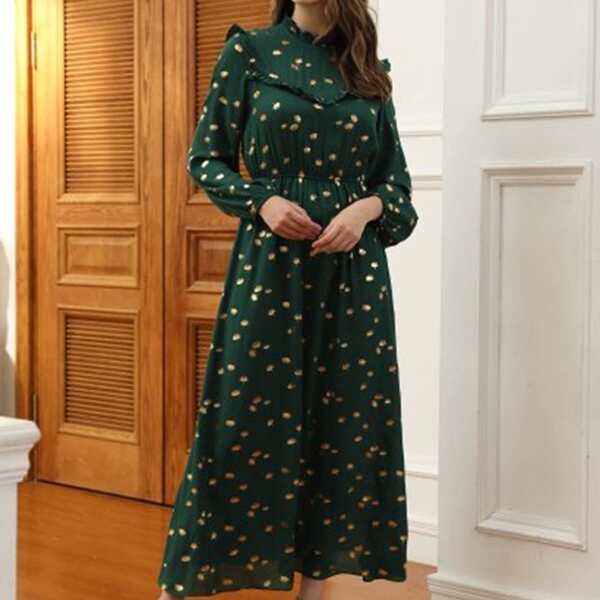 

Allover Plant Print Frill Neck A-line Dress, Dark green