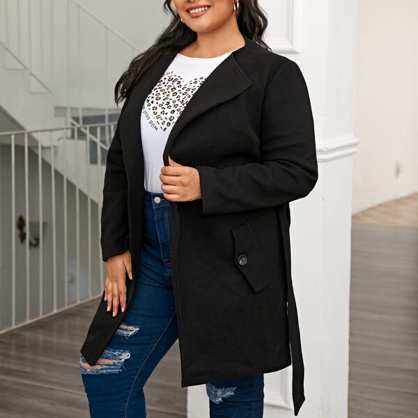 

Plus Open Front Belted Overcoat, Black