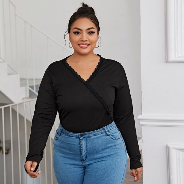 

Plus Contrast Lace Ribbed Wrap Top, Black