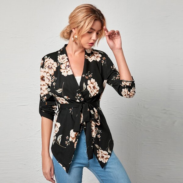 

Floral Print Waterfall Collar Belted Coat, Black
