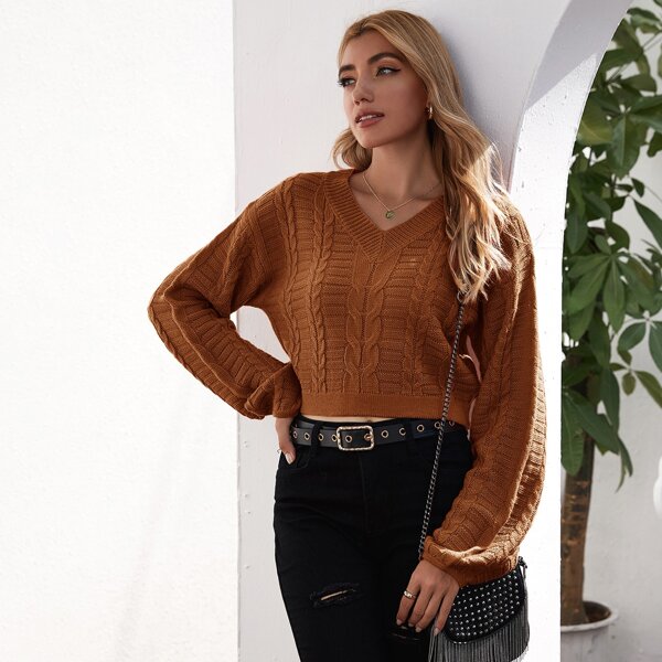 

Drop Shoulder Cable Knit Sweater, Brown