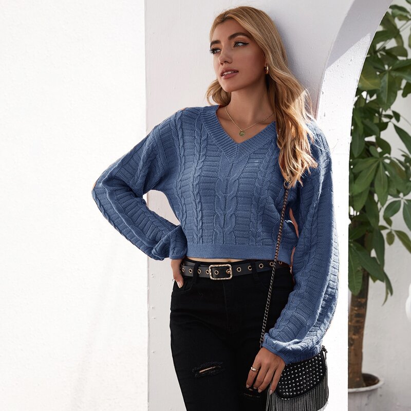 

Drop Shoulder Cable Knit Sweater, Dusty blue