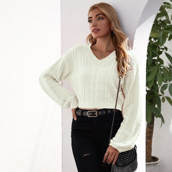 

Drop Shoulder Cable Knit Sweater, Beige