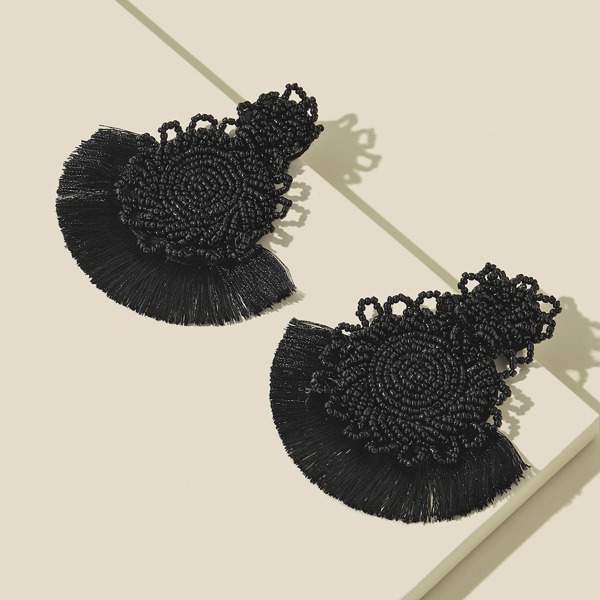 

Tassel & Bead Decor Drop Earrings, Black