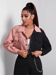 SHEIN EZwear Drop Shoulder Colour Block Button Front Jacket - Multicolor - View 1