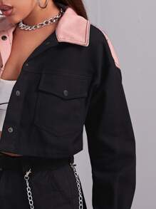 SHEIN EZwear Drop Shoulder Colour Block Button Front Jacket - Multicolor - View 3