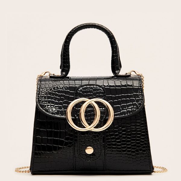 

Metal Decor Croc Embossed Satchel Bag, Black