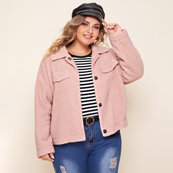 

Plus Solid Button Front Teddy Jacket, Baby pink