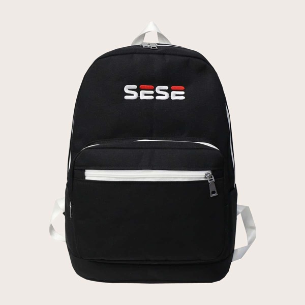 

Letter Embroidery Backpack, Black