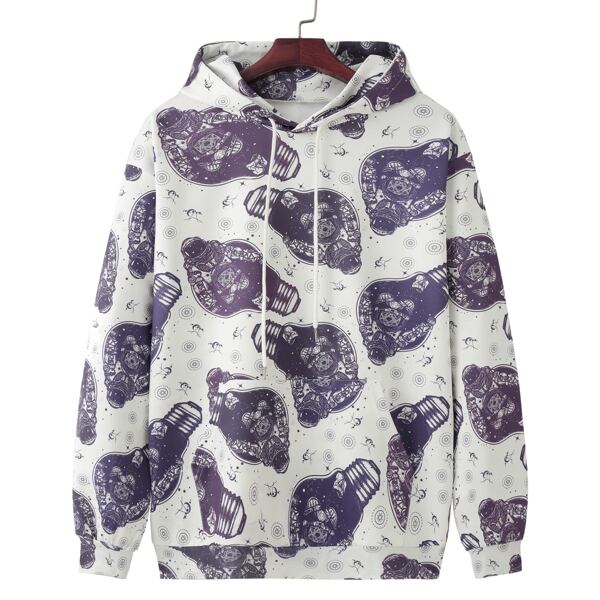 

Men Astronaut Print Kangaroo Pocket Drawstring Hoodie, Multicolor