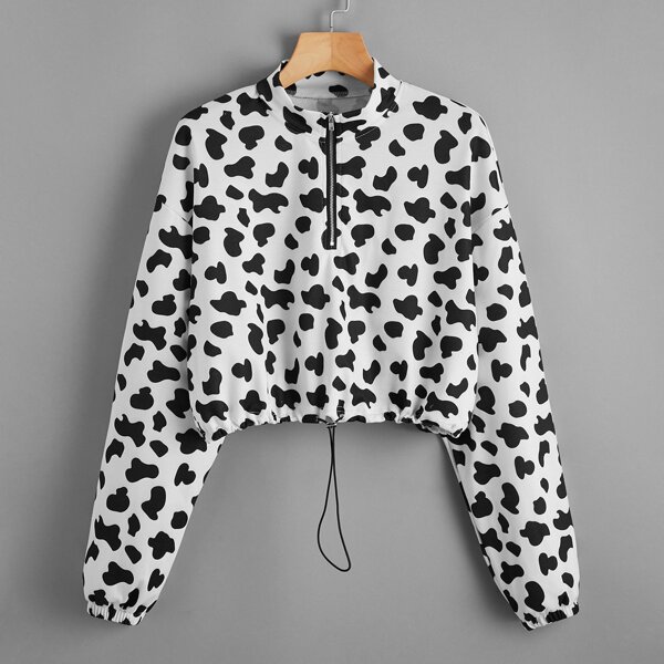 

Cow Print Zip Half Drawstring Hem Sweatshirt, Black and white