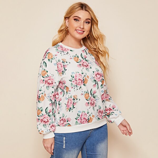 

Plus Drop Shoulder Floral Print Pullover, Multicolor