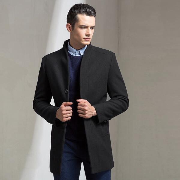 

Men Solid Button Front Slant Pocket Overcoat, Black