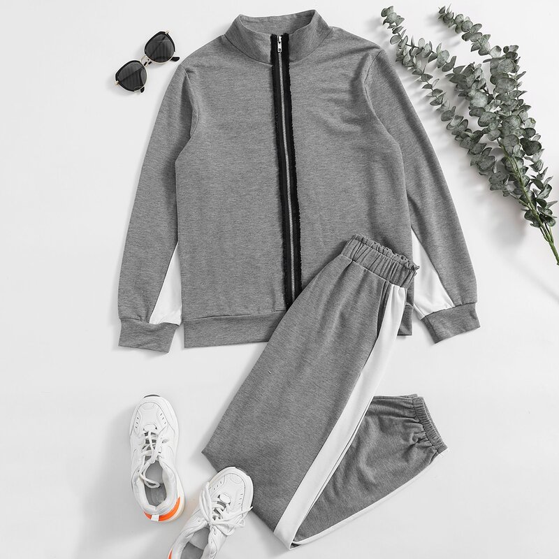 

Contrast Panel Zip Up Hoodie & Sweatpants, Grey