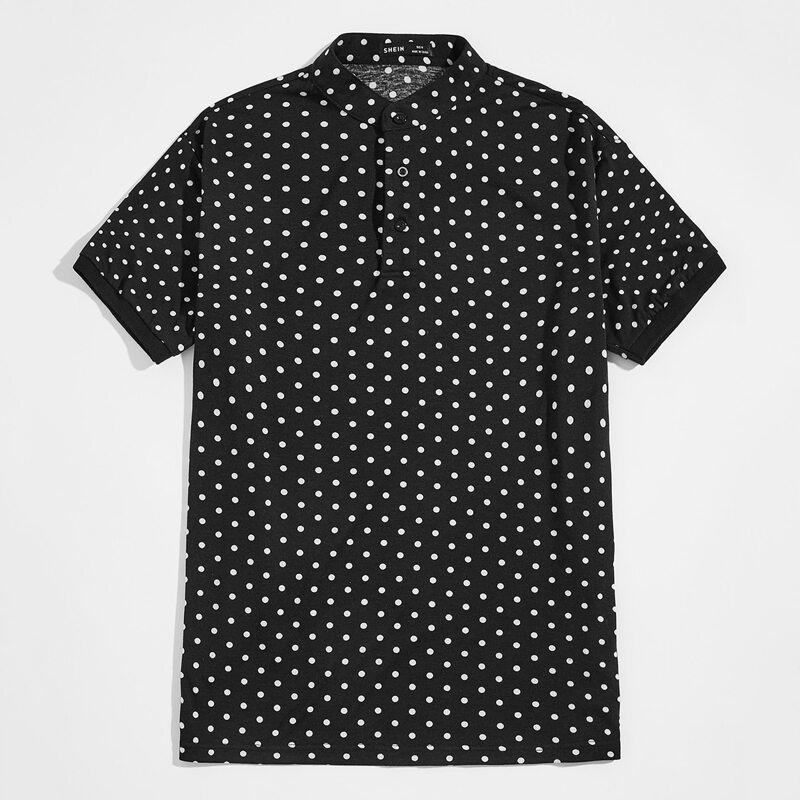 

Guys Polka Dot Zipper Front Polo Shirt, Black and white