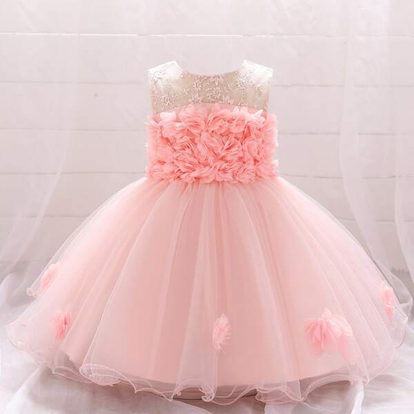 

Baby Girl Appliques Contrast Lace Bow Back Tutu Dress, Coral pink
