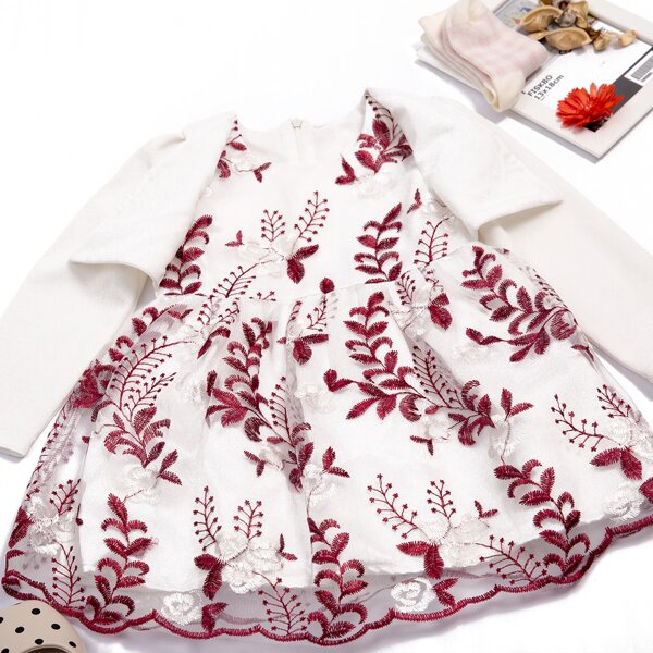 

Toddler Girls Floral Print Embroidery Popover 2 In 1 Dress, White