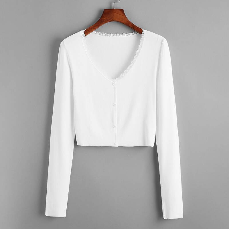

Lace Trim Button Front Top, White