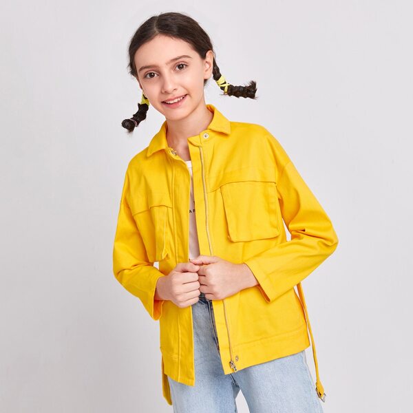

Girls Drop Shoulder Patch Pocket Buckle Belted Coat, Yellow bright