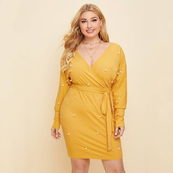 

Plus Pearl Batwing Sleeve Belted Dress, Yellow