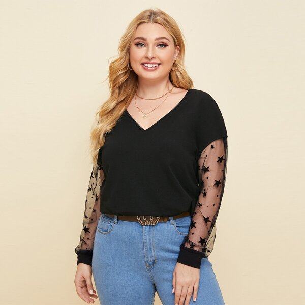 

Plus Sheer Star Mesh Sleeve Tee, Black