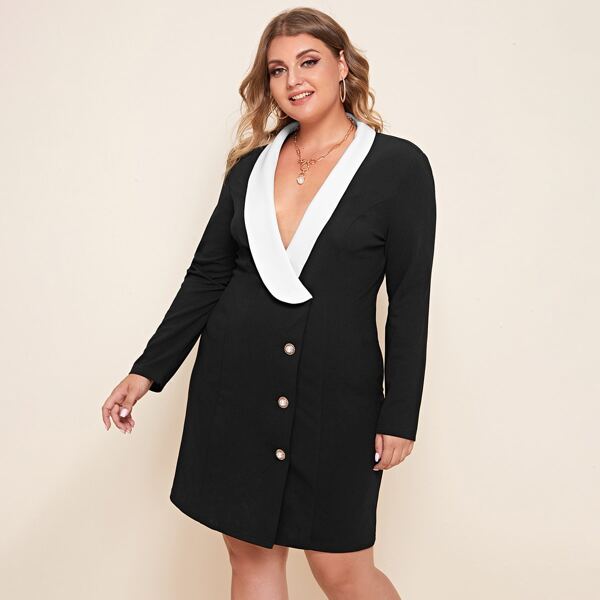 

Plus Shawl Collar Button Front Blazer Dress, Black