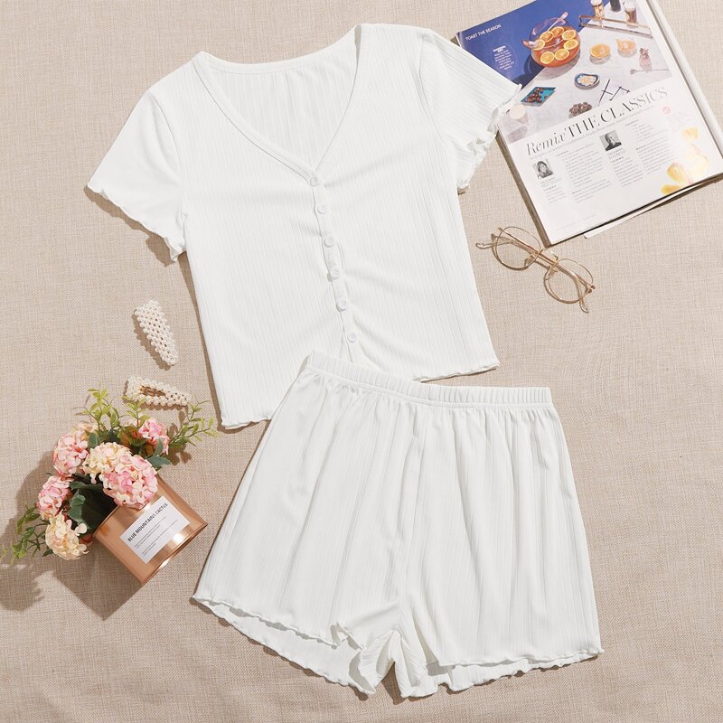 

Button Front Rib-knit Lettuce Trim PJ Set, White